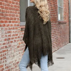 Olive Green Soft Diagonal Knit Tassel Fringe Trim Ruana Shawl Wrap